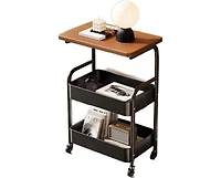 gaomon 3-Tier Rolling Cart w/Wooden Tabletop, Utility Cart w/Lockable Wheels, Multipurpose Storage Organizer Trolley for Kitchen, Office, Bedroom