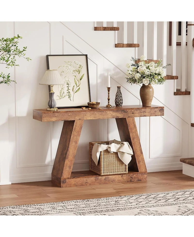 gaomon Farmhouse Console Table with Trapezium Design - 55" Wooden Sofa Table with Open Storage Shelf, Industrial Entryway Table for Living Room