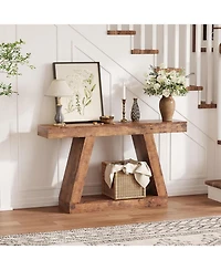 gaomon Farmhouse Console Table with Trapezium Design - 55" Wooden Sofa Table with Open Storage Shelf, Industrial Entryway Table for Living Room