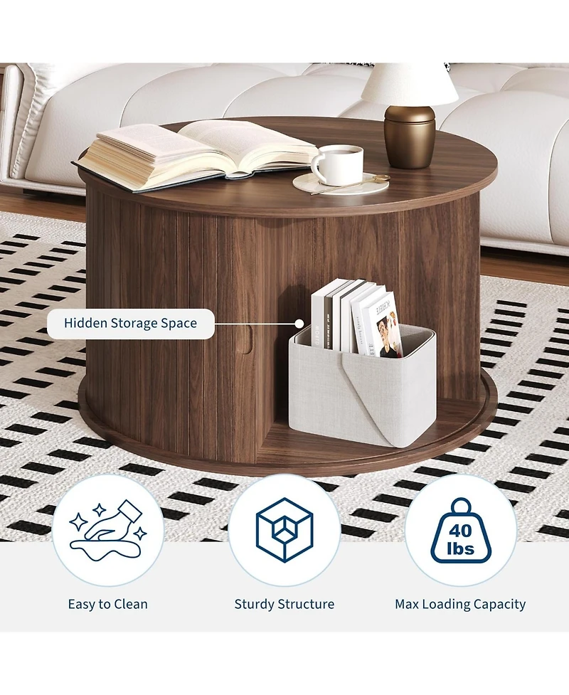 gaomon 28" Round Coffee Table with Storage, Mid Century Modern Fluted Accent Table with Sliding Tambour Door for Living Room