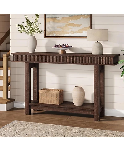 gaomon Farmhouse Fluted Console Table, 2 Tier Wooden Entryway Table with Shelf Storage, Rectangular Narrow Sofa Table Behind Couch