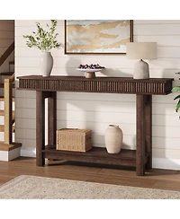 gaomon Farmhouse Fluted Console Table, 2 Tier Wooden Entryway Table with Shelf Storage, Rectangular Narrow Sofa Table Behind Couch