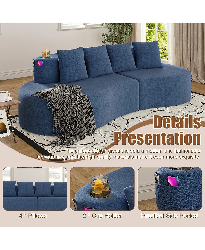 Rainsken 3-Seater Half Moon Curved Sectional Sofa, Modern Modular Couch with Soft Chenille Fabric, 2 Cup Holders and Side Pockets for Living Room