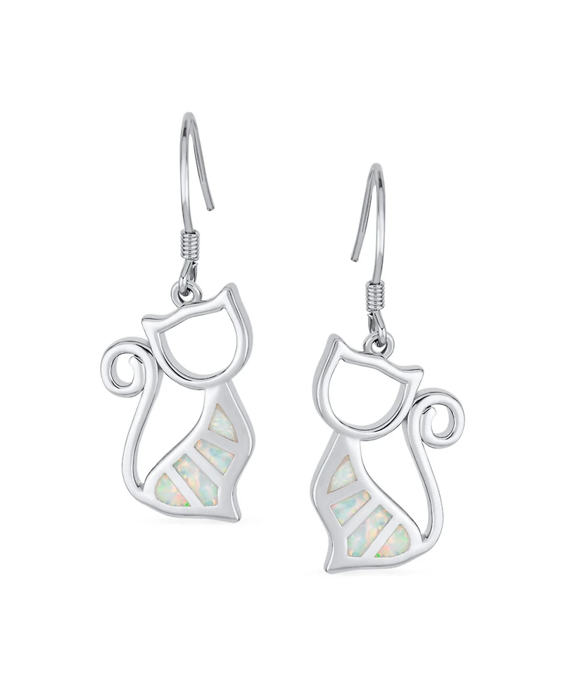 Bling Jewelry Animal Lover Pet Kitten White Created Opal Cat Dangle Earrings Sterling Silver