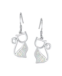 Bling Jewelry Animal Lover Pet Kitten White Created Opal Cat Dangle Earrings Sterling Silver