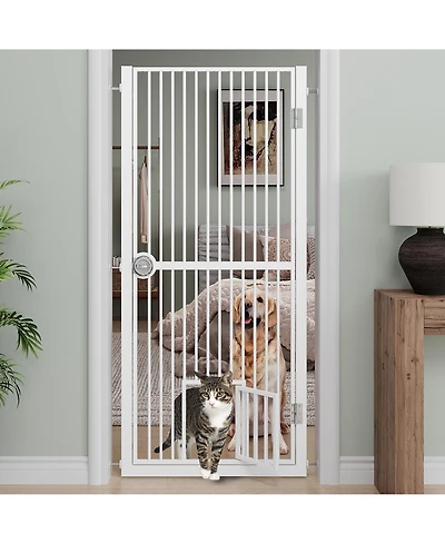 Aostirmotor 61" Extra Tall Pet Gate, adjustable built-in cat door, pressure mount no drilling, ideal for doorways and kitchen
