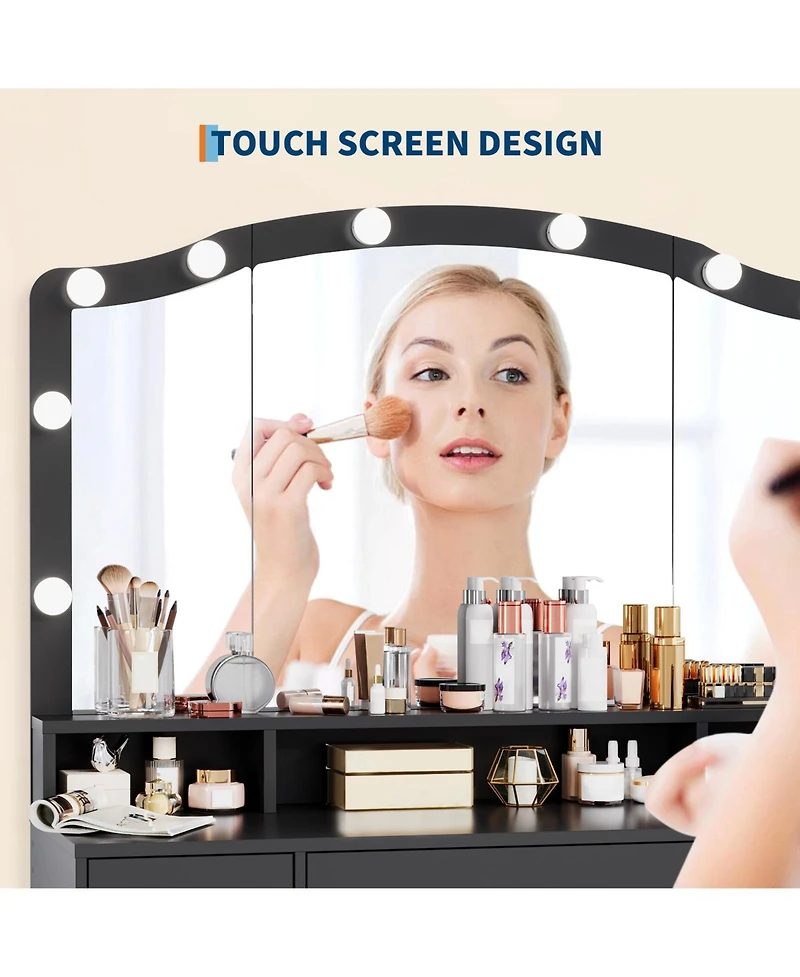 Homfan Vanity Makeup Desk with Adjustable Led Mirror, 3 Drawers and 2 Cabinets, Stool and Charging Station, Dressing Table for Women