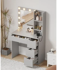 Homfan Vanity Desk with Mirror and Lights, 4 Drawers, Built-in Power Outlet Usb, Adjustable Led Lighting, Makeup Table for Bedroom