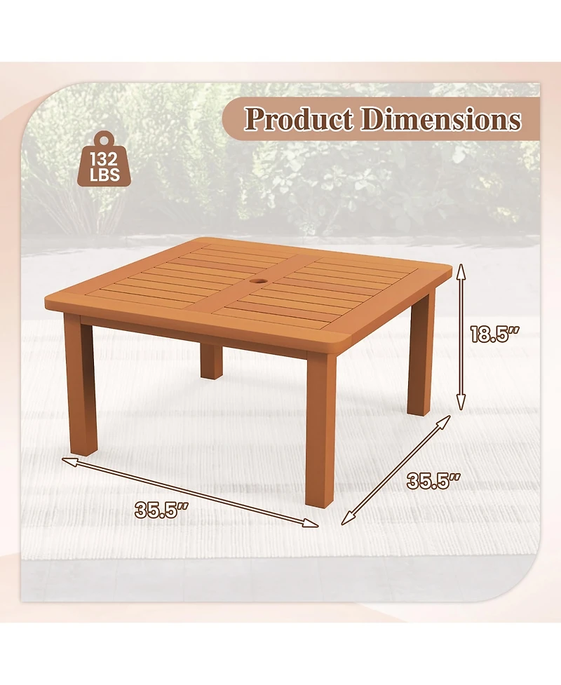 Gymax Patio Coffee Table with Umbrella Hole Slatted Tabletop and Teak Oil Finish