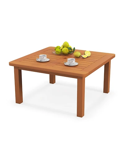 Gymax Patio Coffee Table with Umbrella Hole Slatted Tabletop and Teak Oil Finish