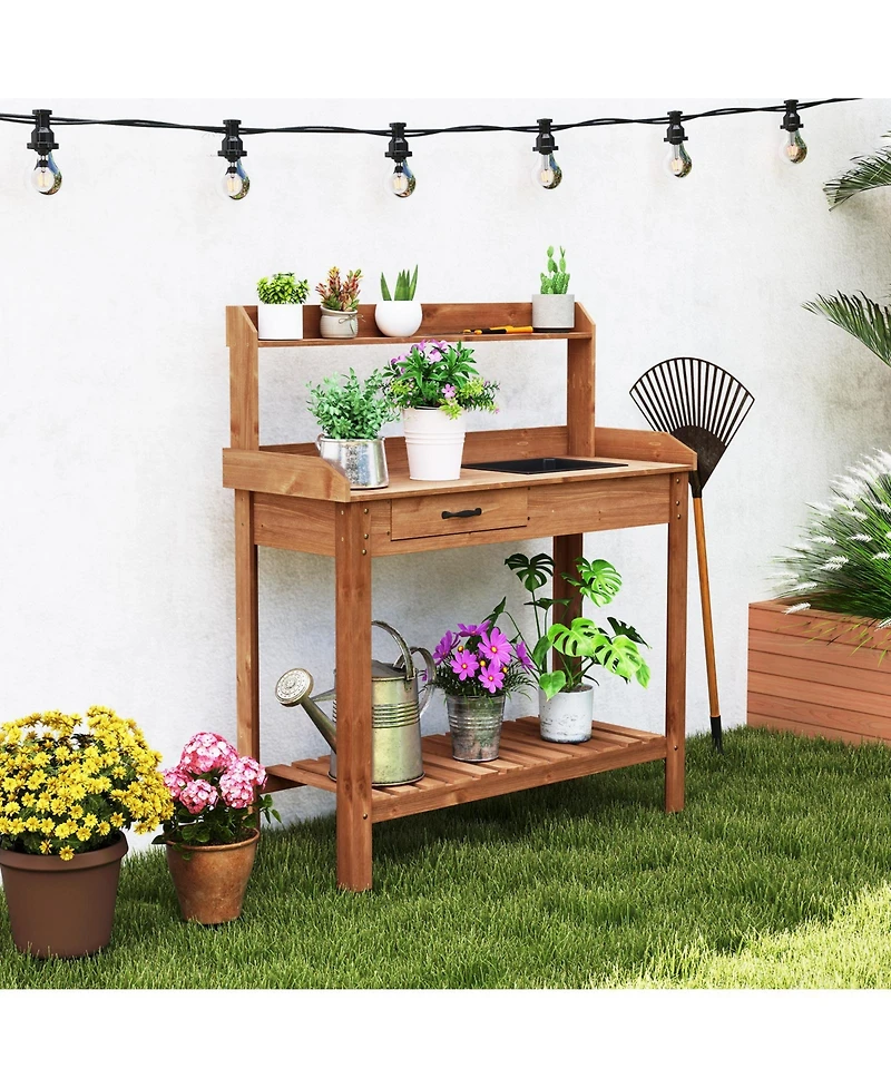 Sugift Outdoor Wooden Garden Work Table with Storage Shelves