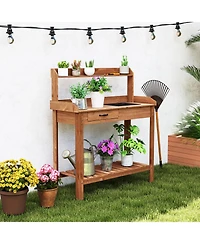 Sugift Outdoor Wooden Garden Work Table with Storage Shelves