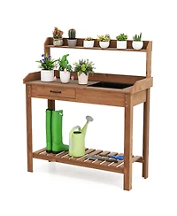 Sugift Outdoor Wooden Garden Work Table with Storage Shelves