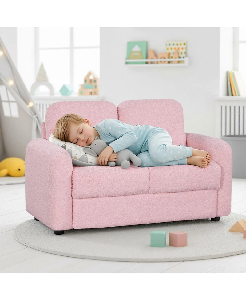 Sugift 2-Seat Kids Sofa Toddler Sofa Couch with Soft Teddy Fleece Upholstery and Solid Wooden Frame