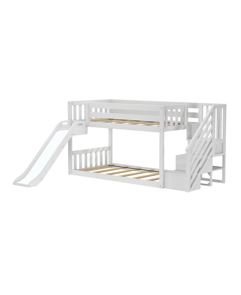 Max & Lily Low Twin over Twin Bunk With Stairs, Easy Slide and Orange Camper Van Curtain