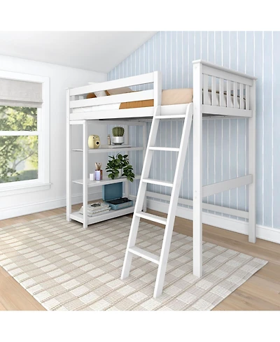 Max & Lily Solid Wood High Loft Bed,Twin Bed Frame For Kids With Bookcase and Ladder