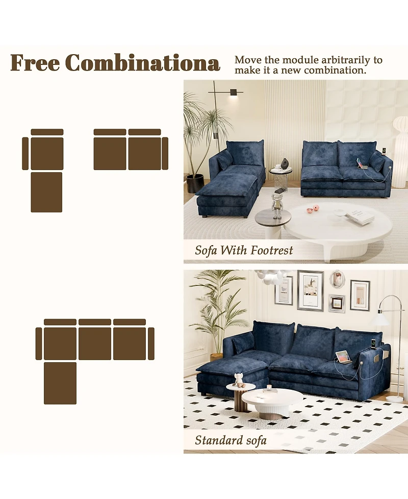 Dyhome Modular Sectional Sofa L Shaped Couch, 3 Seat Sofa Set with Ottoman and Pillows, Chenille Fabric