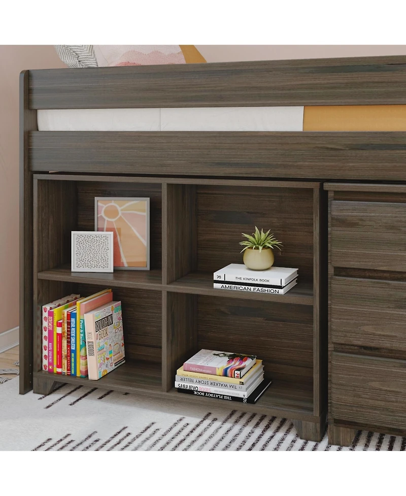 Max & Lily Modern Farmhouse Low Loft Bed, Twin Bed Frame for Kids with 3-Drawer Dresser and 4-Shelf Bookcase