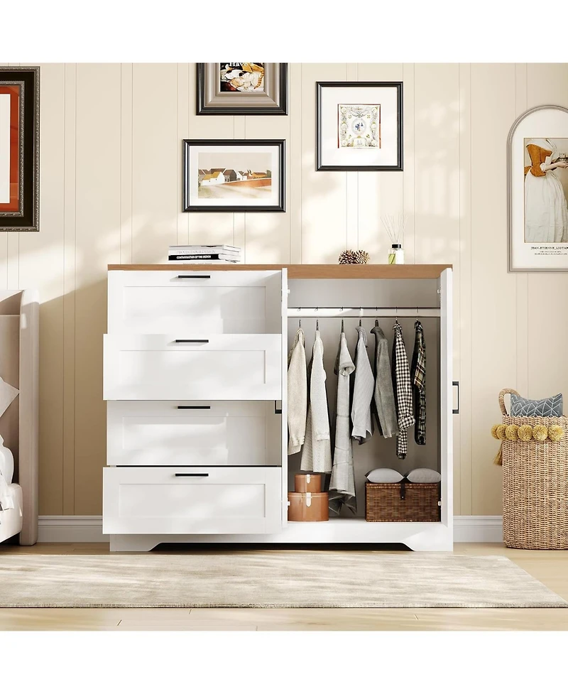 gaomon Multifunctional Wooden Dresser for Bedroom, 43.3 in H 2 Door Wardrobe Armoire Closet with 4 Drawers and Hanging Rod