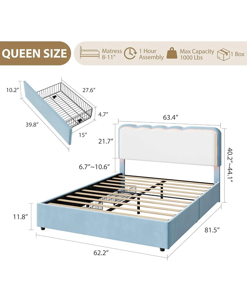 gaomon velvet Led bed frame with storage drawers, adjustable headboard, princess-style frame