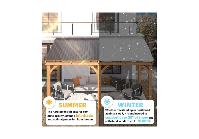Aecojoy 12' x 10' Outdoor Wooden Gazebo, Patio Lean to Hardtop Pergolas and Gazebos