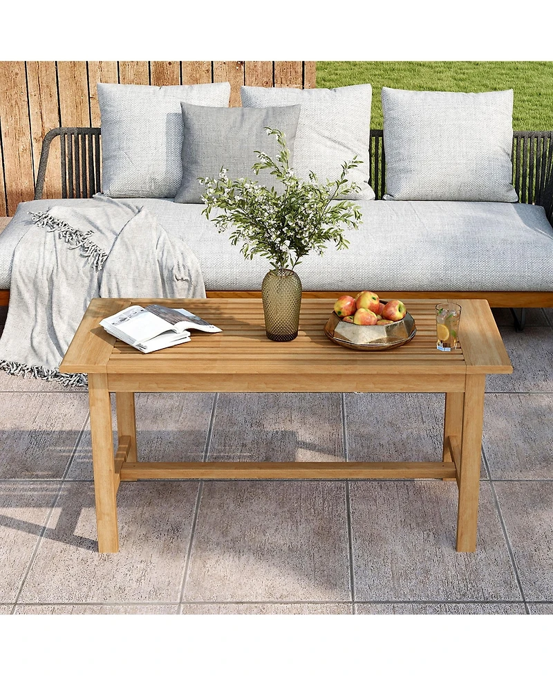 Gymax 36''Patio Coffee Table Solid Wood Coffee Table w/ Slatted Tabletop