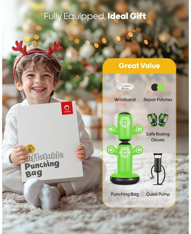 Qpau 360degree(s) Rotatable Punching Bag for Kids, Lager 64" Kids Punching Bag with Gloves, Hand Pump and 6 Targets, Bop Bag Inflatable Punching Toy