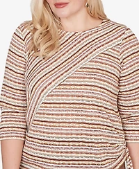 Alfred Dunner Petite Crewneck Spice Market Spliced Textured Stripe Ruched-Tie Top