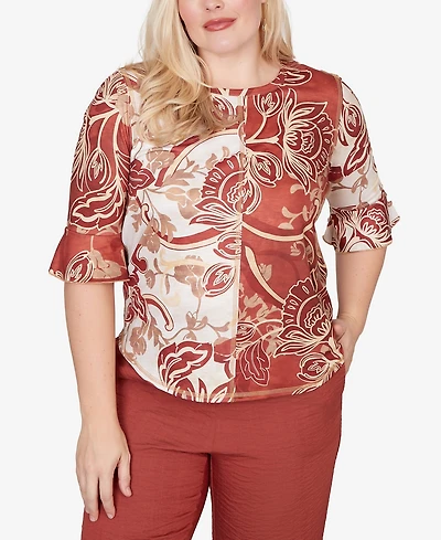 Alfred Dunner Petite Spice Market Spliced Colors Scroll Print Crewneck Top