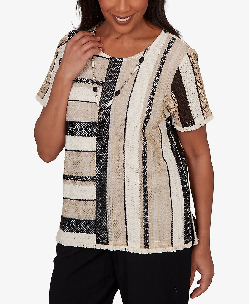 Alfred Dunner Petite Detail Driven Textured Spliced Crewneck T-Shirt with Necklace