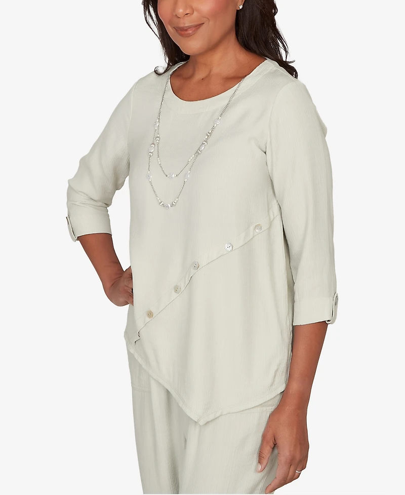Alfred Dunner Petite Vintage Charm Diagonal Spliced Detailed Top with Necklace