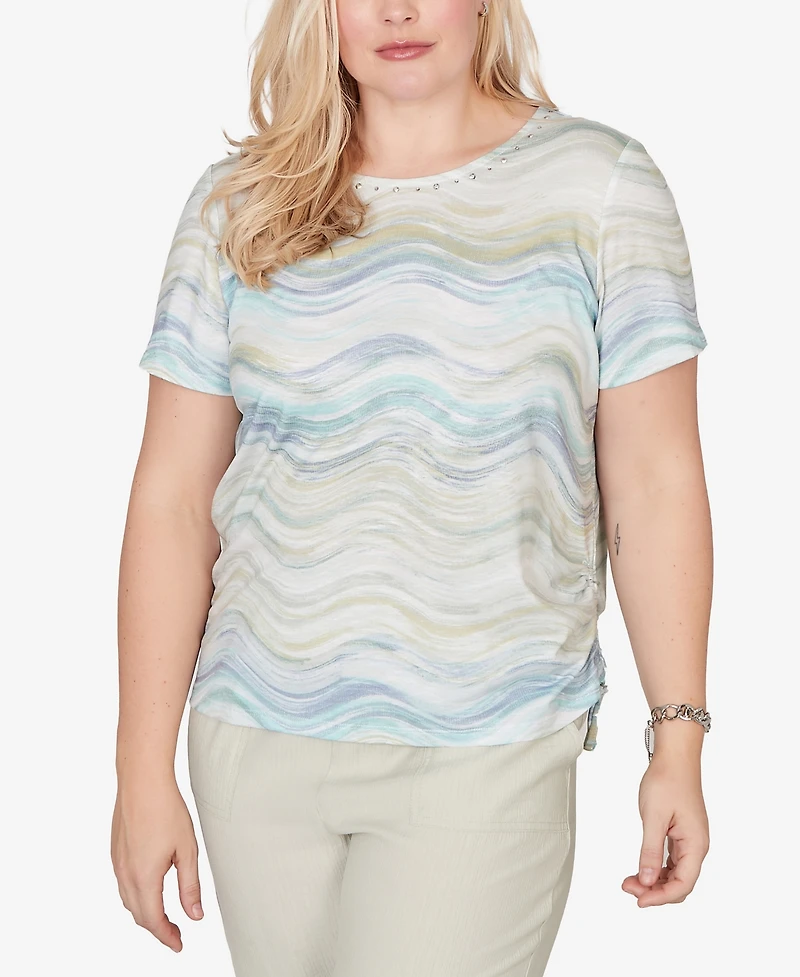 Alfred Dunner Petite Wavy Biadere Side-Tie Crew Neck Ruched Top