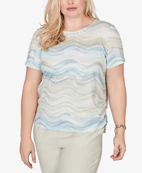 Alfred Dunner Petite Wavy Biadere Side-Tie Crew Neck Ruched Top