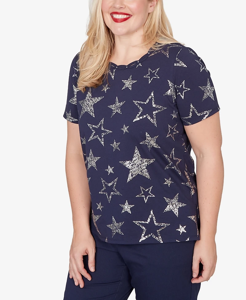 Alfred Dunner Petite Lady Liberty Sparkling Foil Stars Short-Sleeve T-Shirt