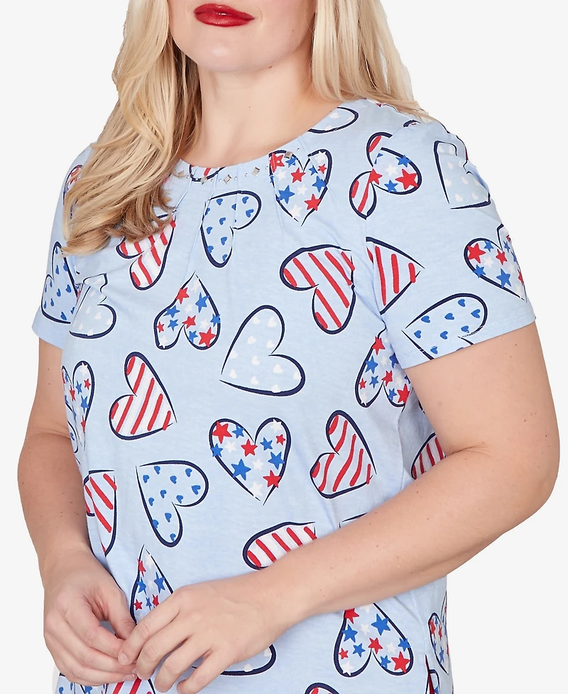 Alfred Dunner Petite Lady Liberty American Flag Hearts Printed Short-Sleeve T-Shirt