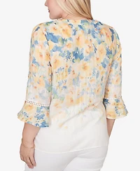 Alfred Dunner Petite Out of the Blue Falling Floral Three-Quarter-Sleeve Top