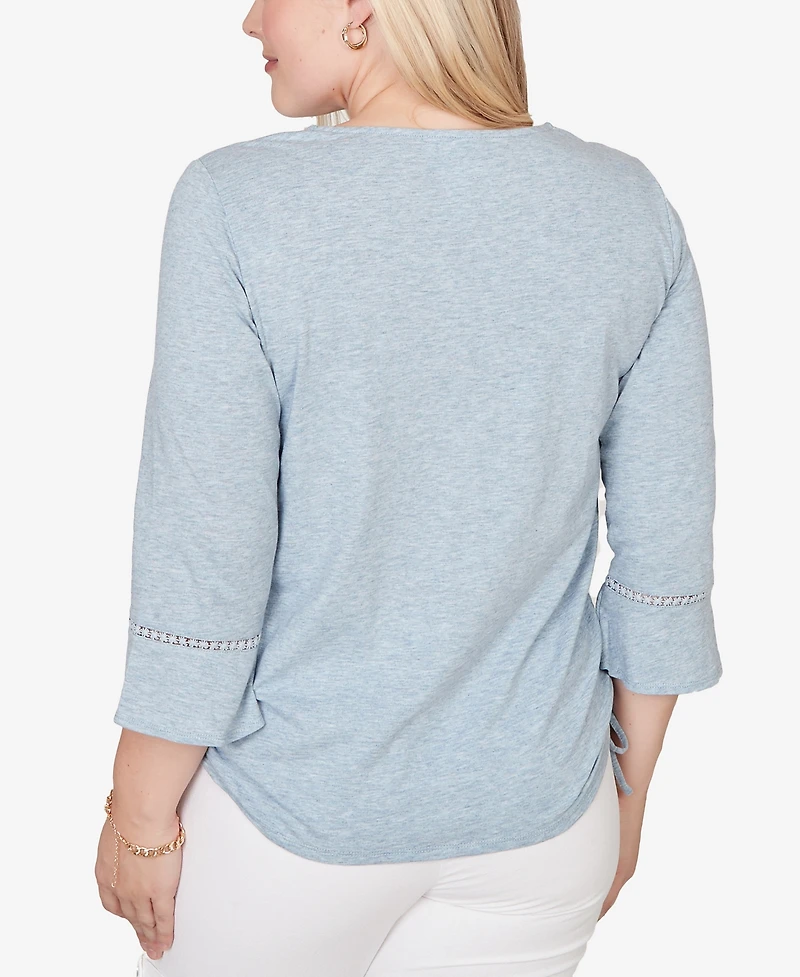 Alfred Dunner Petite Out of the Blue Center Scroll Embroidered Side-Tie Split Neck Top