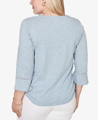 Alfred Dunner Petite Out of the Blue Center Scroll Embroidered Side-Tie Split Neck Top