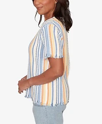 Alfred Dunner Petite Out of the Blue Textured Fringe Stripe Short-Sleeve T-Shirt