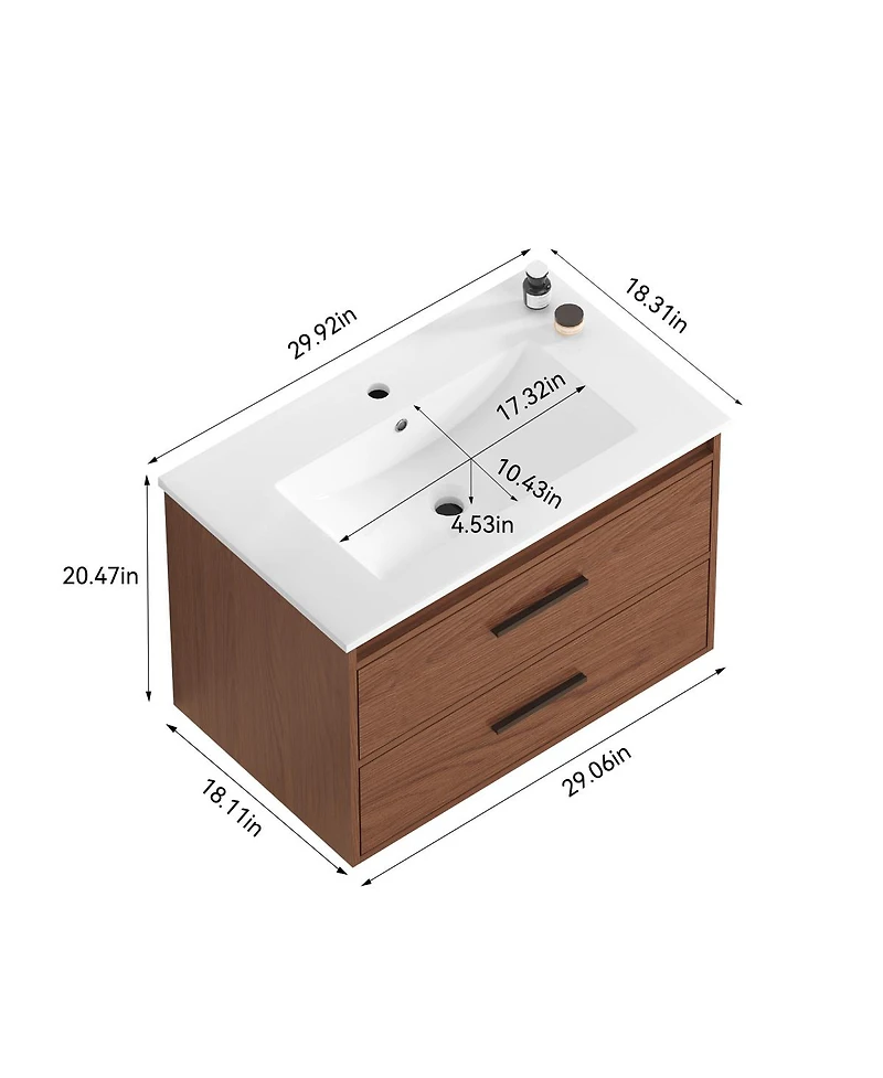 Sillysis 30 Inch Wall Mounted Bathroom Vanity with Ceramic Sink, Soft Close Drawers and Reddish Brown Cabinet, Modern Transitional Design