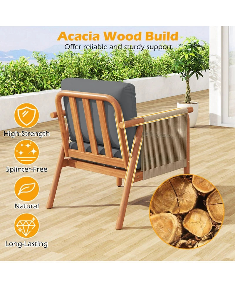 Gouun Acacia Wood Outdoor Chair with Woven Rope Armrests and Seat Cushions