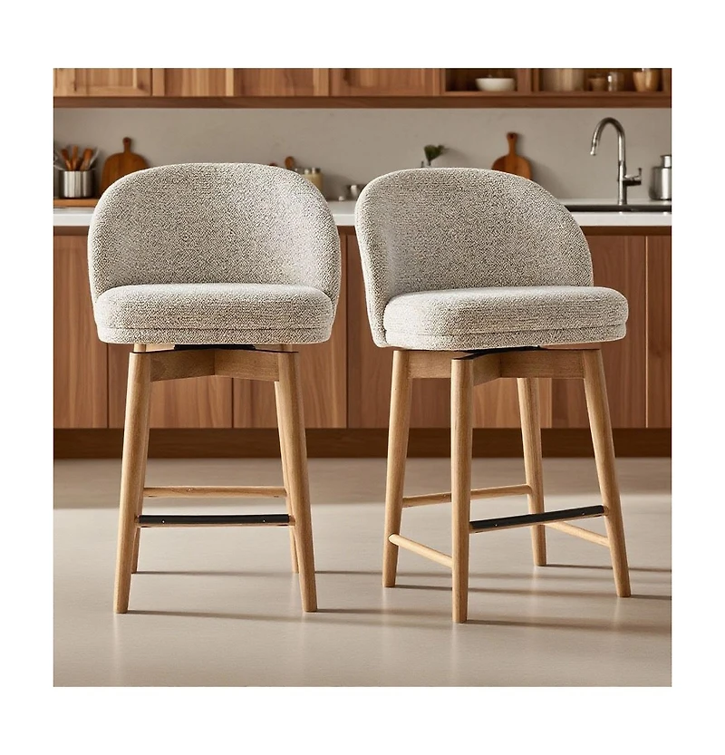 Maison Boucle Set of 2 Swivel Upholstered Counter Height Stools with Solid Wood Legs