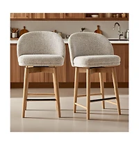 Maison Boucle Set of 2 Swivel Upholstered Counter Height Stools with Solid Wood Legs