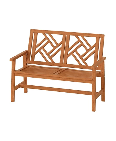 Sugift Outdoor Wood Patio Loveseat Chair with Geometric Backrest