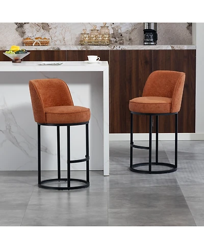 Rainsken Modern Barrel Bar Stools Set of 2 - Linen Fabric Upholstered Counter Height Chairs with Back and Footrest for Kitchen Island