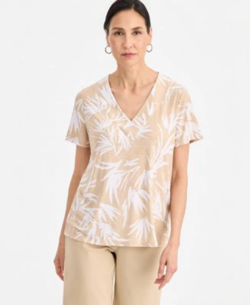 Jm Collection Womens Printed Short Sleeve V Neck Jacquard Top Macys Exclusive