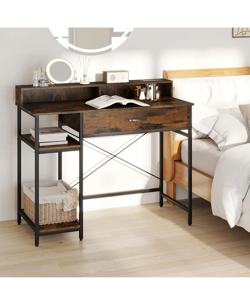 Skonyon 48 Inch Computer Desk with Monitor Stand Drawer and Shelves-Rustic Brown