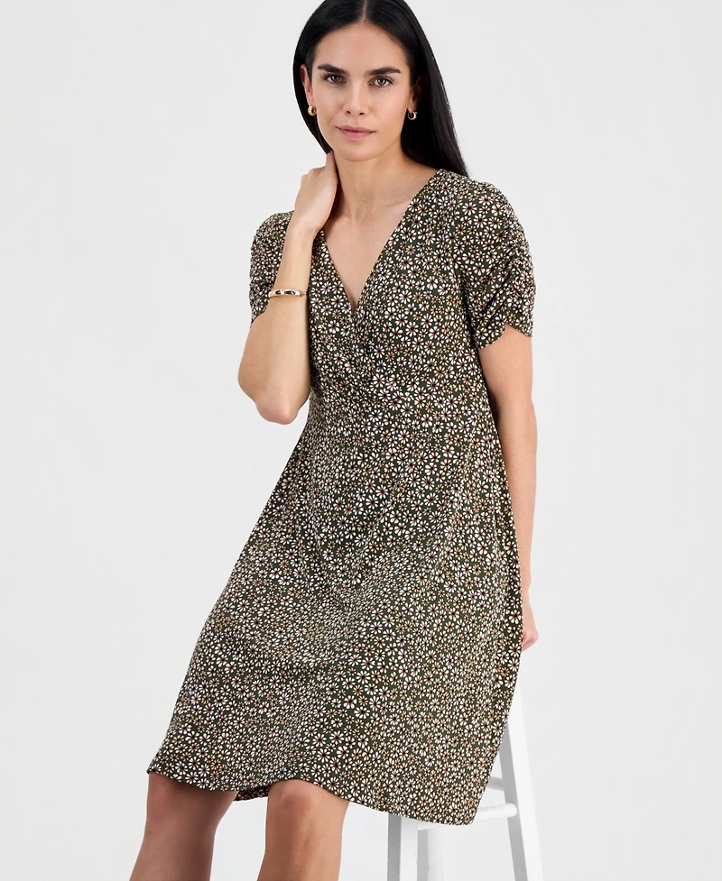 Connected Petite Ruched-Sleeve Crossover-Neck Dress