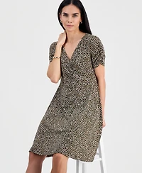 Connected Petite Ruched-Sleeve Crossover-Neck Dress