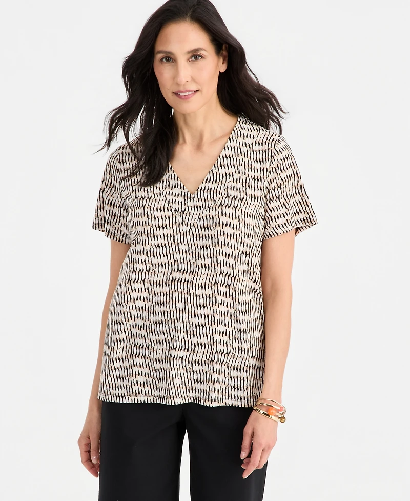 Jm Collection Women's Printed Short Sleeve V-Neck Jacquard Top, Macy's Exclusive